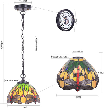 Werfactory® Tiffany Pendant Lighting with 8 Inch Green Stained Glass Dragonfly Style Hanging Lamp